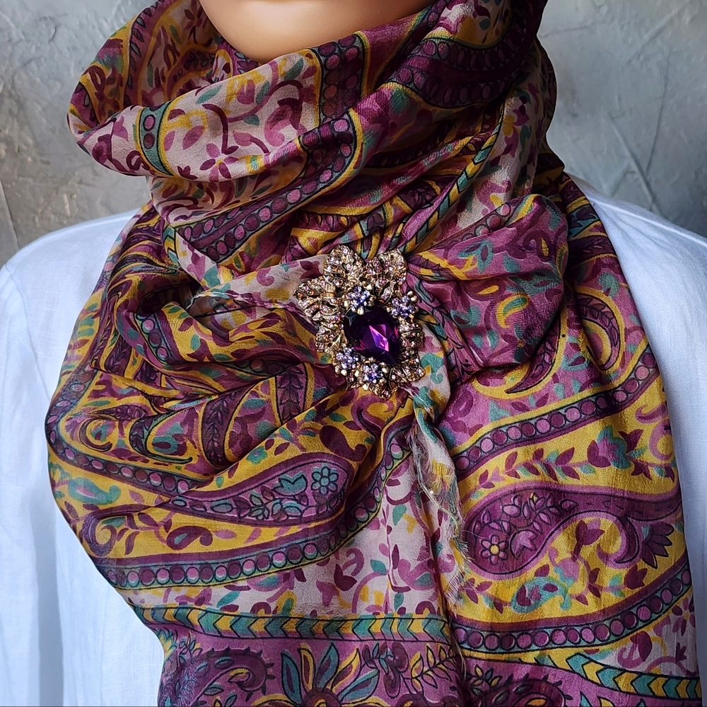 Designer Purple Scarf 100% Soft Silk Paisley Print Violet Gold Brooch